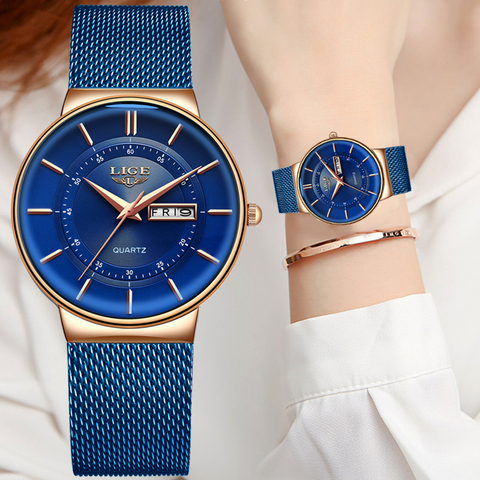 LIGE femmes montres marque de luxe Ultra-mince calendrier semaine montre à Quartz dames maille acier inoxydable étanche cadeau reloj muje + boîte ► Photo 1/6