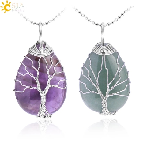 CSJA couleur or arbre de vie fil enroulé goutte d'eau collier pendentif pierre gemme naturelle Quartz rose oeil de tigre vert Aventurine E585 ► Photo 1/6