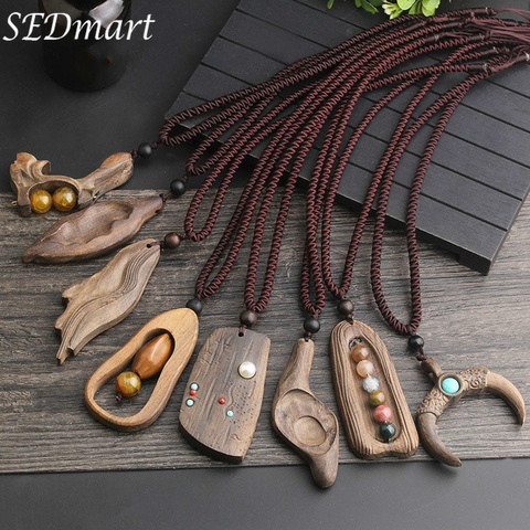 SEDmart Vintage bois de santal pierre naturelle pendentif collier pour femmes et filles longue chaîne chandail réglable bijoux cadeau souvenir ► Photo 1/6