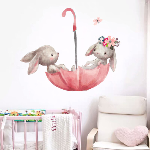 Mignon gris lapin Ballet lapin Stickers muraux pour enfants chambre chat bébé pépinière Stickers muraux rose fleur pour fille chambre décoration de la maison ► Photo 1/6