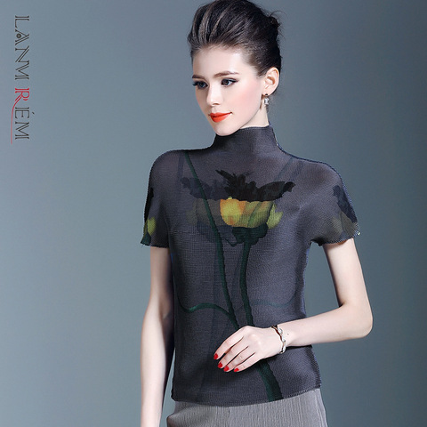 LANMREM/japon mode impression plissé t-shirt pour les femmes 2022 été nouveau élastique col haut manches courtes t-shirt stretch YJ165 ► Photo 1/6