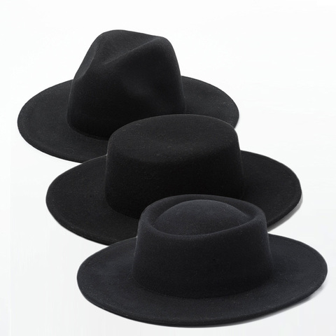 Chapeau en laine australienne noire Fedora, Panama à large bord, pour femmes et hommes, chapeau de bateau écrasé, pour fêtes de mariage, église, chaud pour hiver ► Photo 1/6