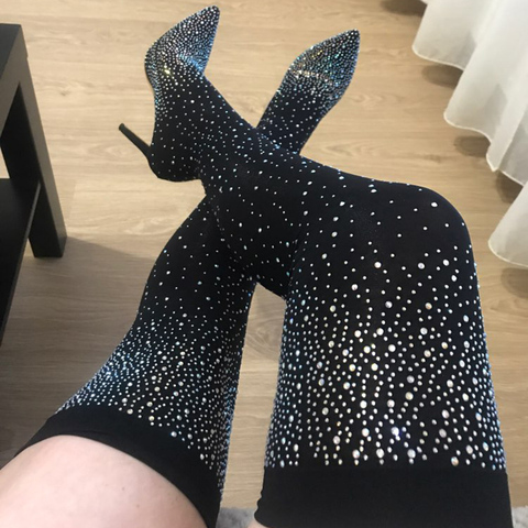 Chaussettes montantes pour femme, cuissardes montantes, talons hauts de 2022 cm, cristal diamant, chaussures de plaisir, 11.5 ► Photo 1/6