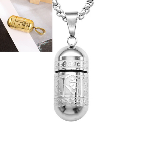 Rétro bouddhiste Six caractères Mantra collier urnes rond ouvert pendentif pour hommes en acier inoxydable cendres mémorial chanceux bijoux ► Photo 1/5