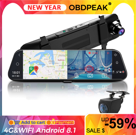 Double 1080P 4G Android 8.1 10 pouces flux médias voiture rétroviseur Bluetooth caméra voiture Dvr ADAS Super nuit WiFi GPS Dash Cam ► Photo 1/6
