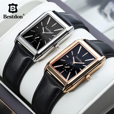 Bestdon Rectangle montre pour hommes suisse Ronda 1064 mouvement saphir miroir cuir de vachette bracelet de luxe montre avec lumineux ► Photo 1/1
