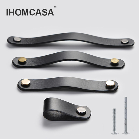 IHOMCASA – poignées de porte en cuir de vache noir, pour placard, armoire, meuble de garde-robe, tiroir, Style américain ► Photo 1/6