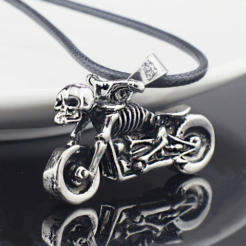 Mâle gothique Punk squelette moto titane acier inoxydable cuir chaîne pendentif collier X545 ► Photo 1/3