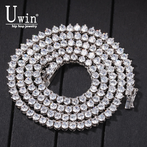 Uwin 4mm 3 broches chaîne de Tennis cubique Zircon rose pierre glacé Hip Hop hommes Bling Bling collier 18 pouces 20 pouces 24 pouces ► Photo 1/6