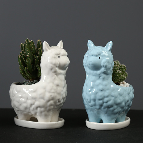 Pot de fleur en céramique blanc | Jardinière en Alpaca avec plateau, Pot d'animal créatif pour plantes succulentes, décoration de bureau, de jardin, de maison ► Photo 1/6