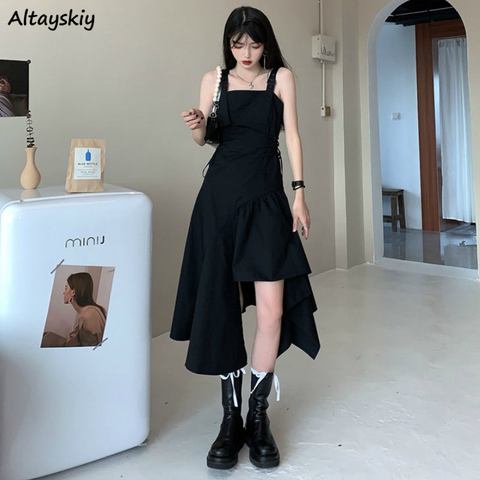 Dress Women Sleeveless Spaghetti Strap Black Slim Irregular A-line Dresses Elegant Streetwear Womens Trendy Sexy Club Wear Party ► Photo 1/6