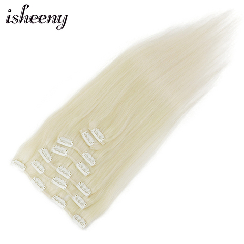 Extensions naturelles Remy lisses blond platine 60 #-Isheeny | 14 à 24 pouces, ensemble de 7 pièces de cheveux humains avec clips ► Photo 1/6