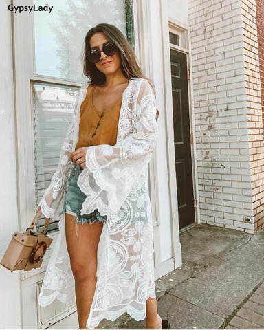 GypsyLady-pare-soleil d'été en maille brodée, Kimono, tunique blanche, tunique de plage, Kaftan, chemise longue Boho pour les vacances ► Photo 1/6