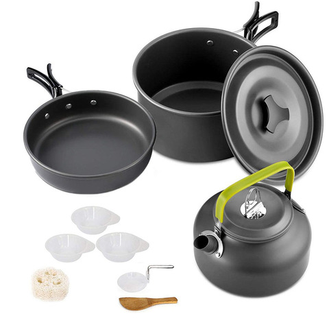 Batterie de cuisine de Camping en aluminium antiadhésif Portable vaisselle extérieure bouilloire Pot ensemble de cuisson casserole bol pour randonnée BBQ pique-nique ► Photo 1/6