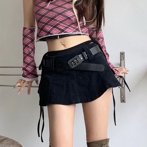 Harajuku – Mini jupe-pantalon taille basse pour filles, en Denim, couleur unie, noire, Punk, taille tête de mort, grande taille ► Photo 1/6