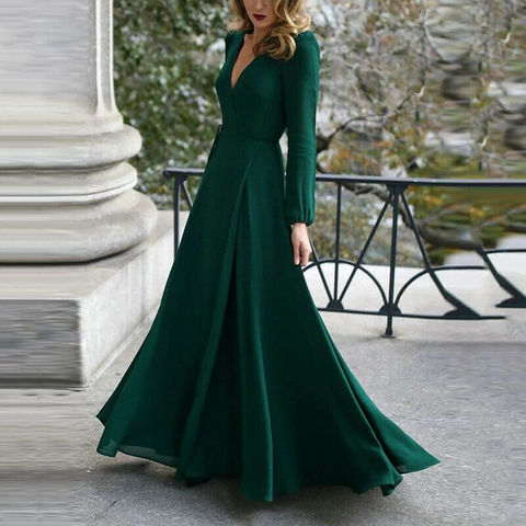 Robe Maxi à manches longues et col en V pour femme, tenue de soirée Sexy, de couleur unie, tenue de bal, 3 couleurs ► Photo 1/6