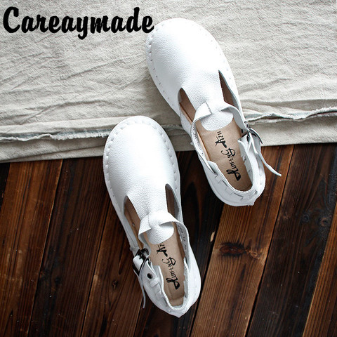 Careaymade-sandales en cuir véritable, chaussures blanches faites à la main, les chaussures plates rétro art mori girl, chaussures rétro japonaises ► Photo 1/5