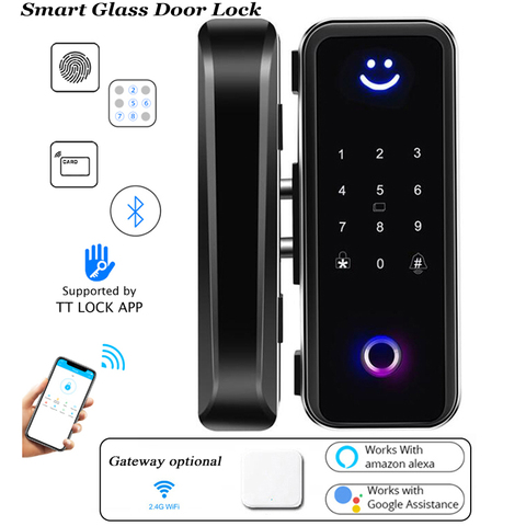 Serrure de porte en verre Bluetooth Wifi passerelle TTLock mot de passe d'empreintes digitales serrure numérique électrique Alexa Google serrure de porte intelligente en bois ► Photo 1/6