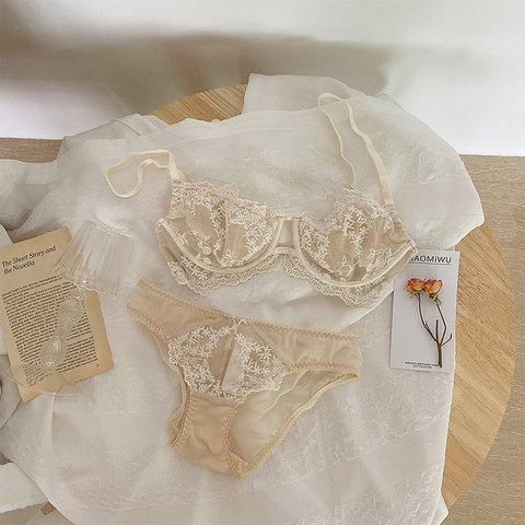 Ensemble de sous-vêtements en dentelle ultra-mince, broderie creuse, gros seins, lingerie à armatures, soutien-gorge push-up, coupe ABCD, grande taille, bralette ► Photo 1/6