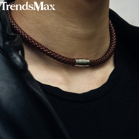 Collier ras du cou pour hommes en cuir tressé noir et marron, fermoir magnétique en acier inoxydable, cadeaux, bijoux pour hommes, UNM27A ► Photo 1/6