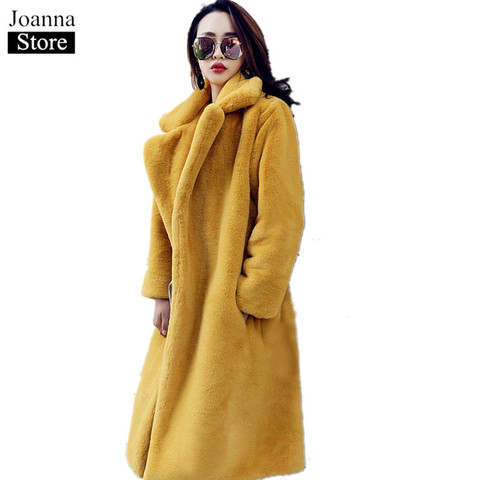 Hiver fausse fourrure ours en peluche Long épais manteau femmes fausse fourrure moelleux rose chaud revers fourrure vestes femme grande taille pardessus jaune ► Photo 1/6