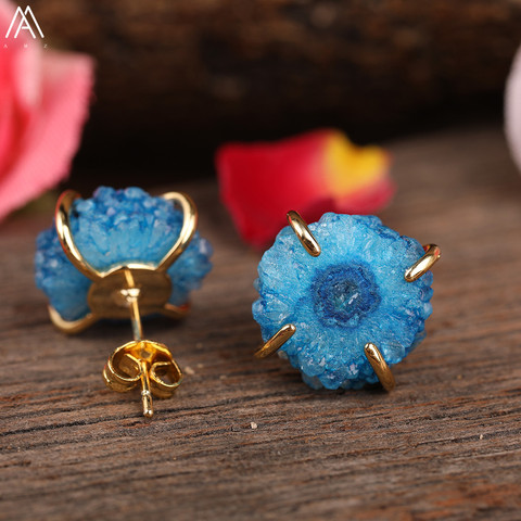 Boucles d'oreilles en Agates Druzy naturelles, fleur de soleil, or, à la mode, pierre Druzy, bijoux, HS-54AMAC ► Photo 1/1