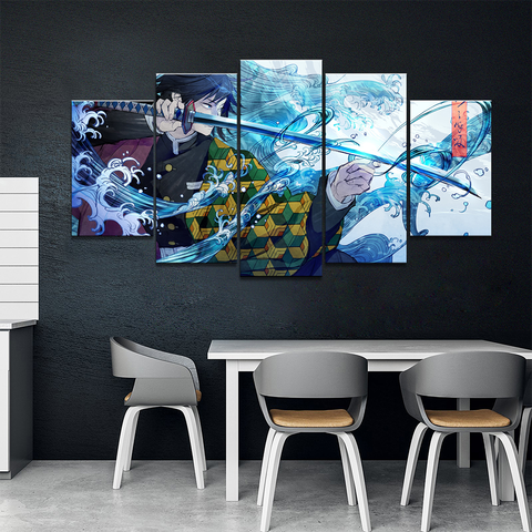 Peinture murale avec 5 panneaux HD, dessin animé japonais, garçon, Kamado Tanjiro, tueur de démons, affiche, toile, décoration de maison ► Photo 1/6