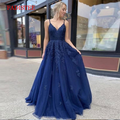 Robe de soirée en dentelle bleu marine, col en v, robe longue en tulle doux ► Photo 1/4