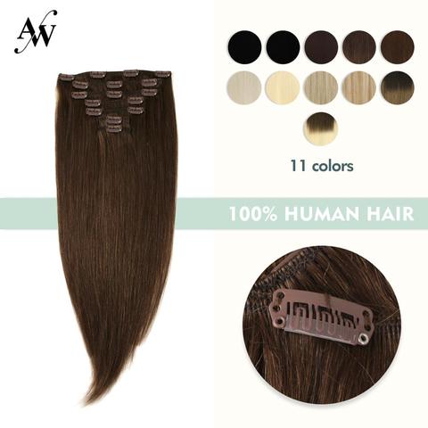 Extensions naturelles brésiliennes lisses Remy avec clips, poids 20 ''24'', ensemble tête complète avec clips, faites Machine, 7 pièces/ensemble ► Photo 1/6