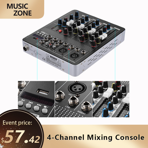 Console de mixage professionnelle à 4 canaux, mélangeur Audio, ligne micro, avec 3 bandes EQ 48V, alimentation fantôme, Interface USB ► Photo 1/6