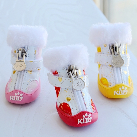 Amour Bling avec fourrure petit chien chaussures hiver chaud Pe extérieur anti-dérapant bottes de neige pour Shih Tzu Chihuahua 4 pièces/lot rouge, jaune, rose ► Photo 1/6