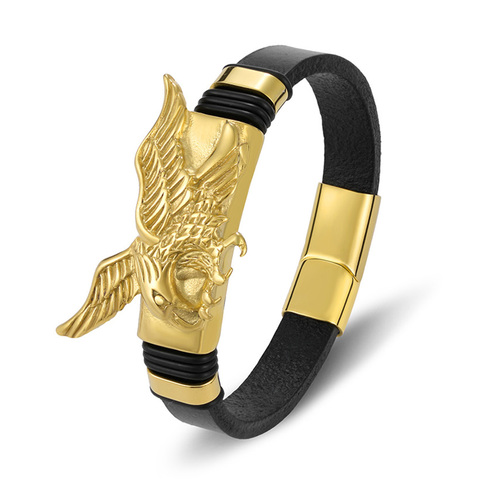 Haute qualité mode breloque corde tressée bracelets or noir cuir hommes Bracelet aigles Animal magnétique bijoux en métal ► Photo 1/4