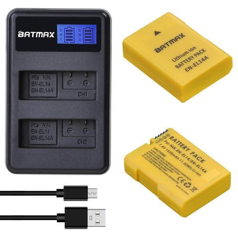 2 batteries 1530mAh EN-EL14 EN-EL14A ENEL14, avec écran LCD USB, double chargeur pour Nikon D3100 D3200 D3300 D3400 D3500 D5600 D5200 P7000 ► Photo 1/6