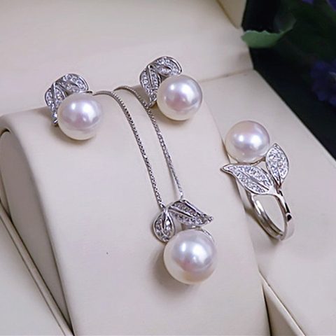 Perle boucles d'oreilles collier pendentif bague pour femmes naturel eau douce blanc perle ensemble de bijoux 925 en argent Sterling ensembles de bijoux cadeau ► Photo 1/5