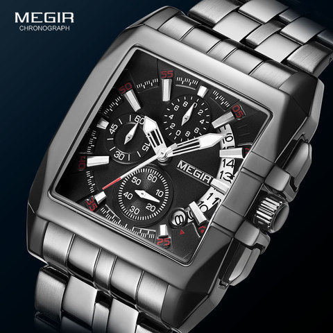 MEGIR-montres à Quartz de luxe pour hommes, chronographe, bracelet noir lumineux, cadran carré ► Photo 1/6