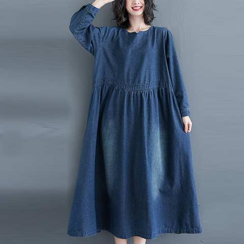 Johnature – robe en Denim à manches longues pour femme, tenue Vintage décontractée, à col rond, ample, grande taille, nouvelle collection printemps 2022 ► Photo 1/6