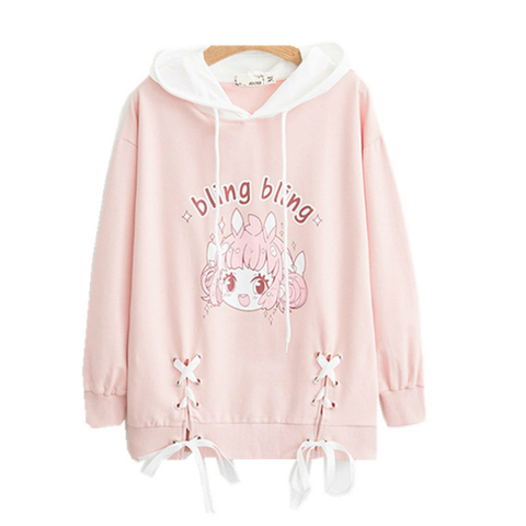 Joyeux jolies femmes sweats à capuche dessin animé impression à lacets rose sweats à capuche doux Style fille à manches longues cordon mignon pulls ► Photo 1/1