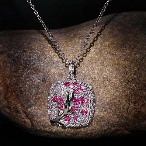 Pendentif d'arbre de cerisier rose scintillant pour femmes, zircon rouge, branches, bijoux fins, tendance délicate ► Photo 1/6