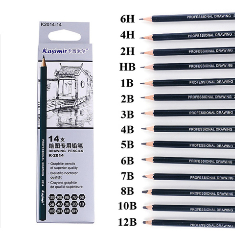 Ensemble de 14 pièces/crayon d'écriture professionnel en bois, pour croquis et dessin, 1B 2B 3B 4B 5B 6B 7B 8B 10B 12B 2H 4H 6H HB fournitures scolaires ► Photo 1/5