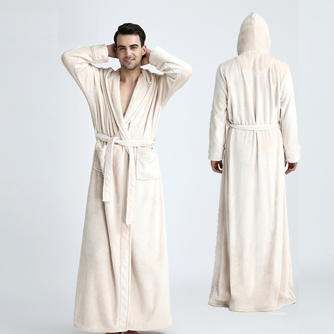 Hommes à capuche Extra Long thermique peignoir grande taille hiver flanelle épaississement chaud Kimono Robe de bain mâle Robe de chambre hommes Robes ► Photo 1/6