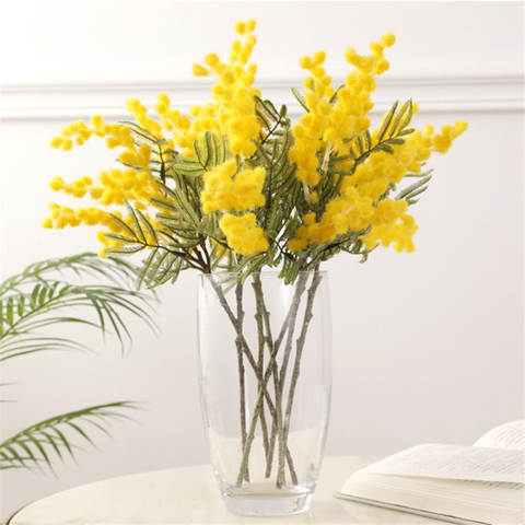 38cm faux Acacia fleurs artificielles jaune Mimosa Spray cerise fruits branche mariage maison Table décoration fausse fleur ► Photo 1/5