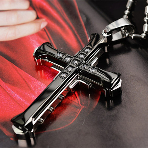 2022 Nouveau Mâle Cristal Croix Jésus Pendentif Argent Or Noir Zircon Pendentif Croix Collier bijoux en acier inoxydable Pour Hommes ► Photo 1/6