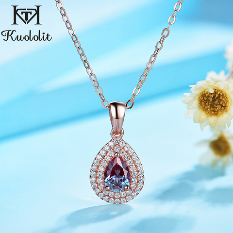 Kuololit – collier en or rose 585 pour femmes, pendentif en pierre précieuse d'alexandrite de laboratoire, véritable argent Sterling 925, couleur changeante, 1ct ► Photo 1/6