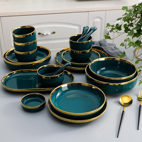 Assiette en céramique verte à bord doré, vaisselle en porcelaine haut de gamme, service de table pour hôtel familial ► Photo 1/5