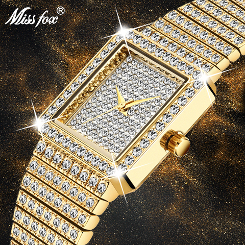 MISSFOX-montre en diamant doré pour femmes, marque de luxe, carré, minimaliste, Quartz analogique, Movt, Unique, montre glacée féminine ► Photo 1/6