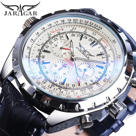 Jaragar-montre-bracelet automatique pour hommes, en cuir, trois cadrans, avec affichage lumineux de luxe, marque supérieure ► Photo 1/6