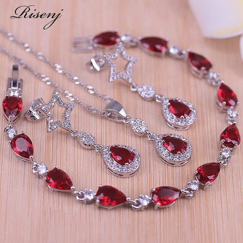 Risenj chine chanceux couleur rouge pierre étoile et goutte d'eau bijoux fantaisie ensemble boucles d'oreilles collier Bracelet pendentif ensemble en magasin ► Photo 1/6