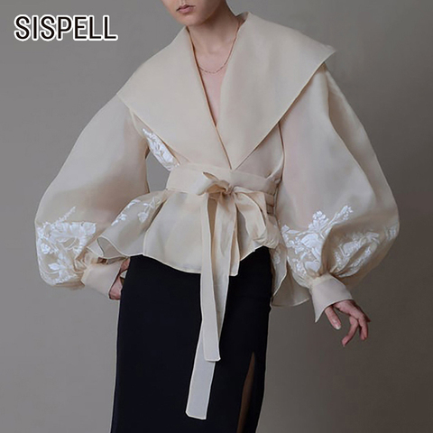 SISPELL lanterne manches pour femme Blouse chemises revers col à lacets nœud papillon taille haute mince broderie femmes chemise Vintage ► Photo 1/6