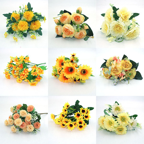 Variété jaune automne faux thé rose pivoine soie fleur automne gerbera daisy fausse fleur en plastique bricolage mariage maison accessoires ► Photo 1/6