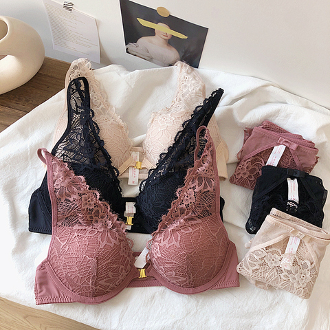 Ensemble Lingerie Sexy pour femme, soutien-gorge et culotte en dentelle, sous-vêtements Sexy, dos nu, avec fermeture à l'avant, Push-Up, sans couture ► Photo 1/6